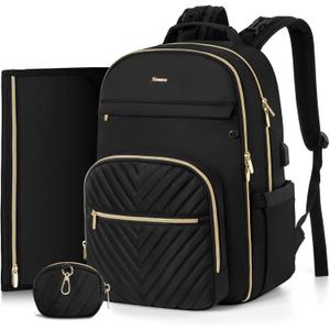 MOMUVO Diaper Bag Backpack, Quilted Baby Bag with Changing Pad & Stroller Straps & Pacifier Case, Large Travel Diaper Bags for Mom Dad, Black