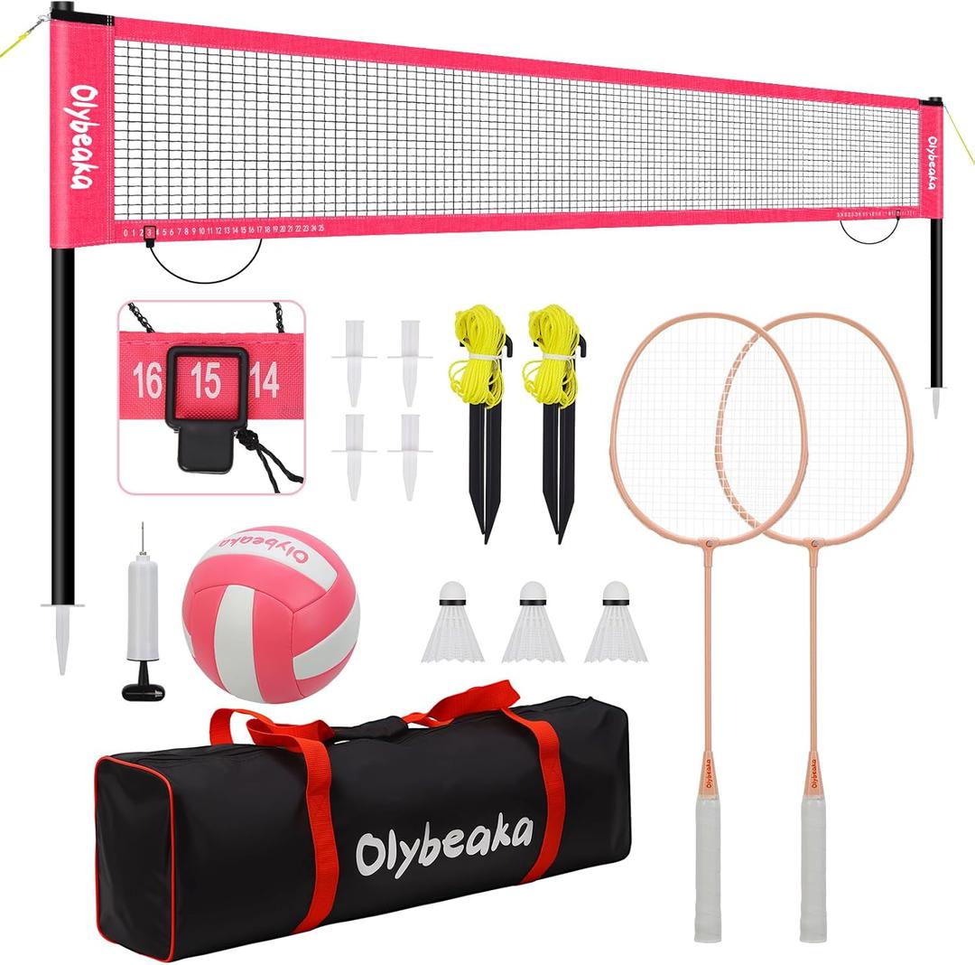 20ft Outdoor Volleyball & Badminton Combo Net Set for Backyard Beach with Adjustable Poles, Durable Anti-Sag Net, PU Volleyball, 2 Aluminum Rackets (Pink)