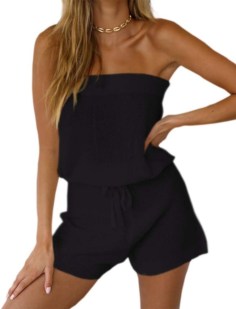 Chang Yun Womens Summer Jumpsuits Casual Loose Sleeveless Off Shoulder Elastic Waist Romper Loungewear Two Piece Outfits (Medium, Black)
