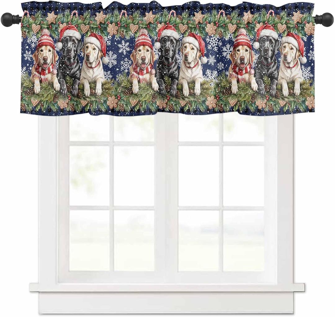 Christmas Puppy Valances for Windows 42" W x 12" L Dogs Gingerbread Pine Snowflake Blue Plaid Rod Pocket Curtains Valance Short Window Treatment Drapes for Living Room, Bedroom Bathroom Decor
