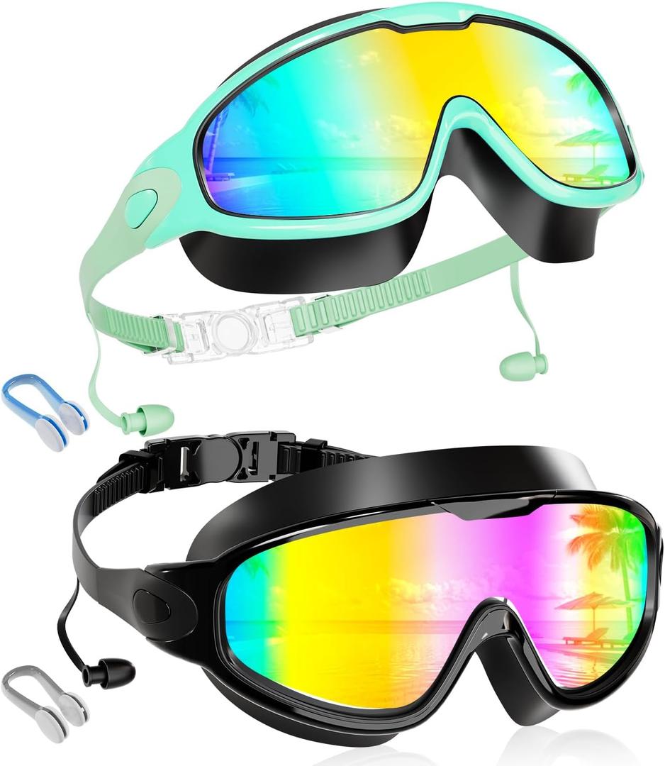 Aegend New Kids 2 Pack Wide View Swim Goggles, Anti-Fog/UV No Leak Goggles with Ear Plugs Kids 3-14, Green Aqua & Bright Rose