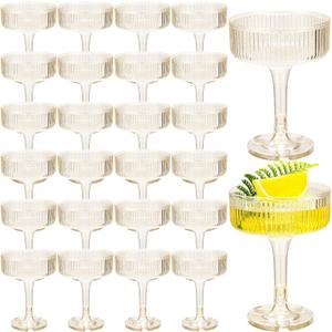 24 Pcs Ribbed Martini Glasses 7 oz Disposable Plastic Vintage Ribbed Coupe Glasses Cocktail Unbreakable Dessert Parfait Glassware for Wedding Birthday Party Supplies (Clear)