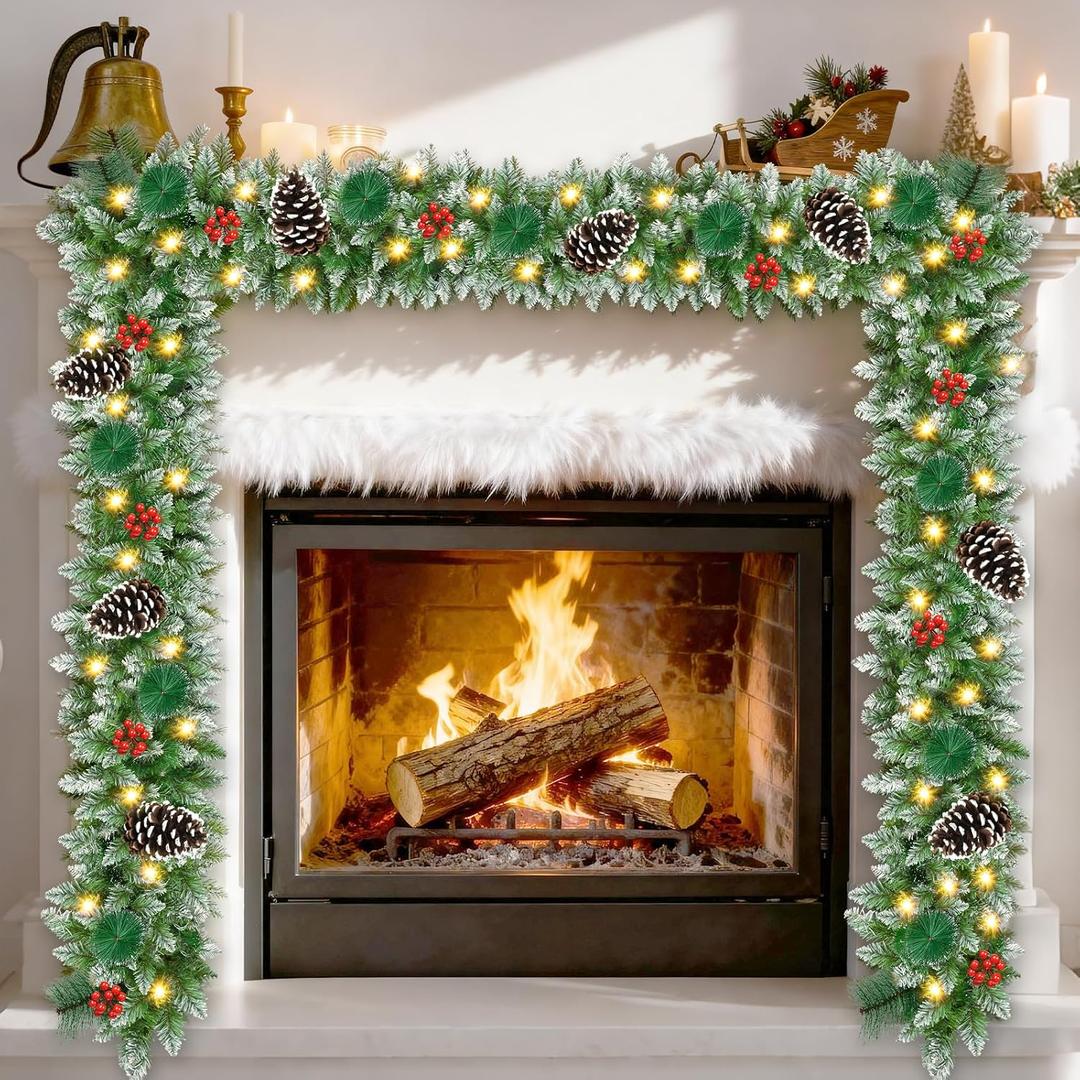 Christmas Garland with Lights 9 FT Artificial Christmas Garland 250 Pieces of Green Rattan Christmas Garland Holiday Artificial Decor for Stairs Wall Door Indoor Outdoor Garland