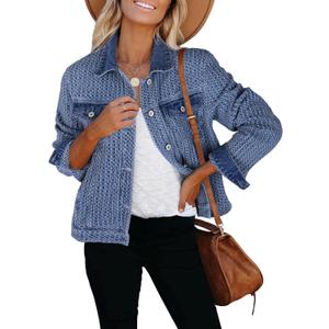 luvamia Jean Jacket Women Trendy Texture Distressed Button Down Long Sleeves Casual Trucker Denim Jackets with Pockets (Medium, Classic Blue)