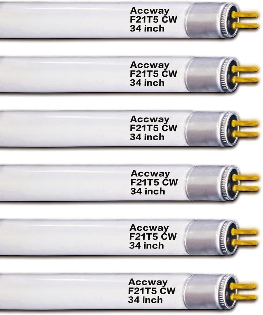 (6pack 34inch F21T5/841 Cool White Fluorescent Light Bulb, 21Watts 4100K T5 Linear Tube Replacement F21W/841/HO,F21T5 CW Full Spectrum CRI85+