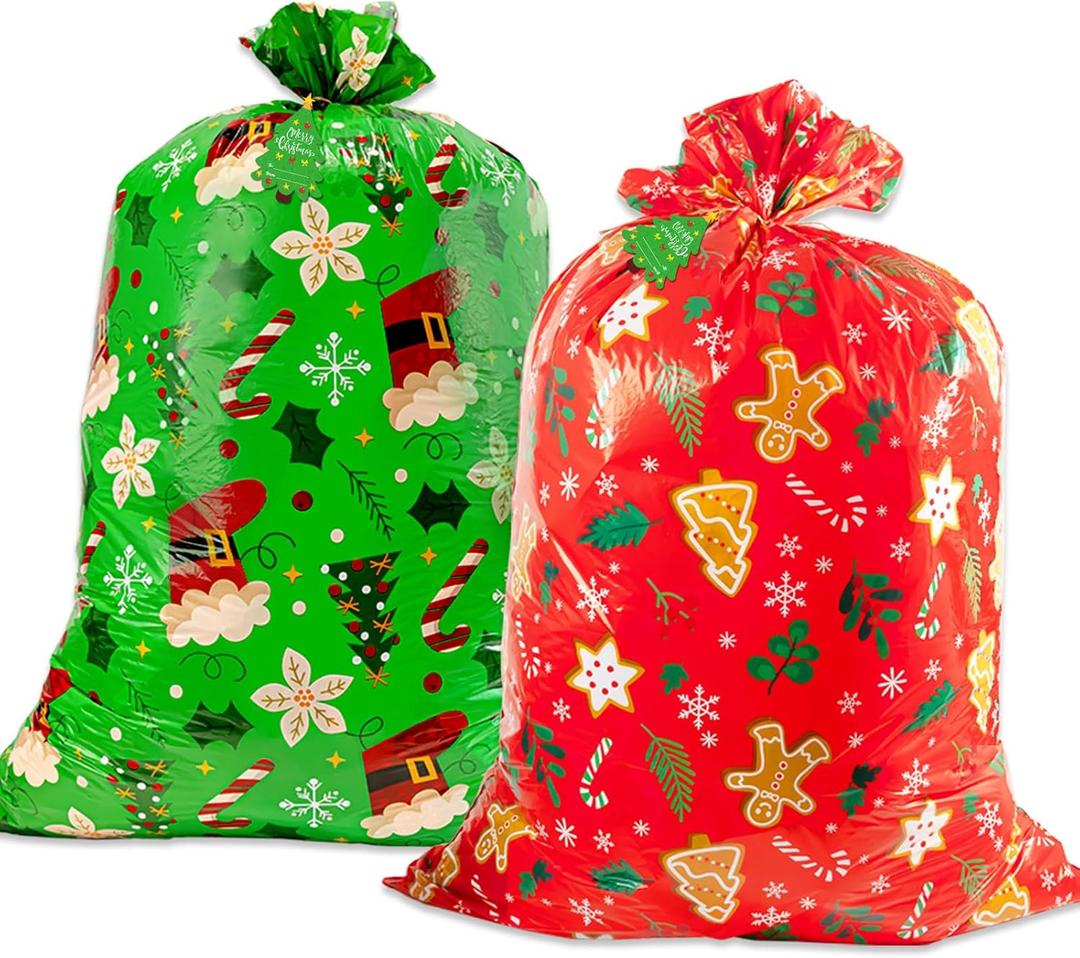 OuMuaMua 2pcs Large Christmas Gift Bags, Jumbo Holiday Drawstring Gift Bags 36" x 49" Giant Plastic Reusable Present Wrap Bags with Cards for Big Xmas Presents Party Decorations Holiday Gift Giving (1 Count (Pack of 2))