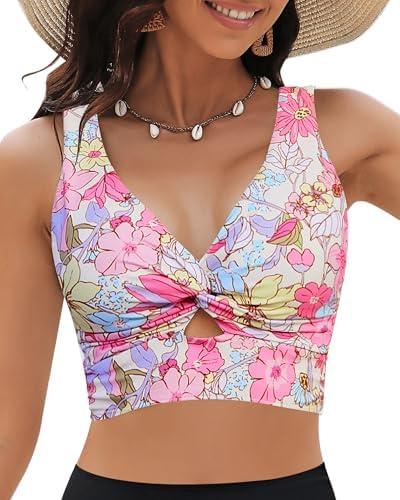 GRAPENT Bikini Tops for Women Cropped Tankini Tops Floral Printed Beach Padded Knot Twist Cut Out Bathing Suit Top Only, Color: Purple Floral, Small