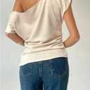 MakeMeChic Women's Asymmetrical Neck Blouse Ruched Short Sleeve Dressy Tops (S)