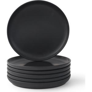 JoyJolt Mesa Stoneware Salad Plates, 8" Round Lunch Plates, Dishwasher and Microwave Safe Plate Set of 6, Modern Rustic Dinnerware, Appetizer Dessert or Dinner Sides Kitchen Dishes - Matte Black