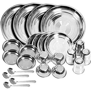 Stainless Steel Dinner Set of 24 Pieces (Glass, Curry Bowl, Desert Bowl, Spoon, Quarter Plate and Full Plate)