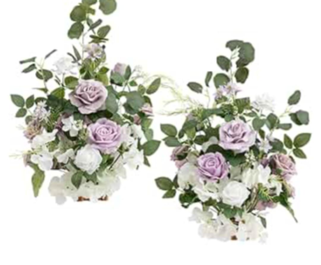 Ling's moment 17.5" Tall Free Standing Artificial Flowers Arrangements 2 pcs Wedding Aisle Runner Chair Decorations Lilac & White Centerpieces for Ceremony Reception Rose Floral Floor Party Outdoor