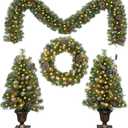 Christmas 4-Piece Set Wreaths and Wreaths Battery Box Powered LED Lights, Set of 2 Entrance Trees, White Lights, Green