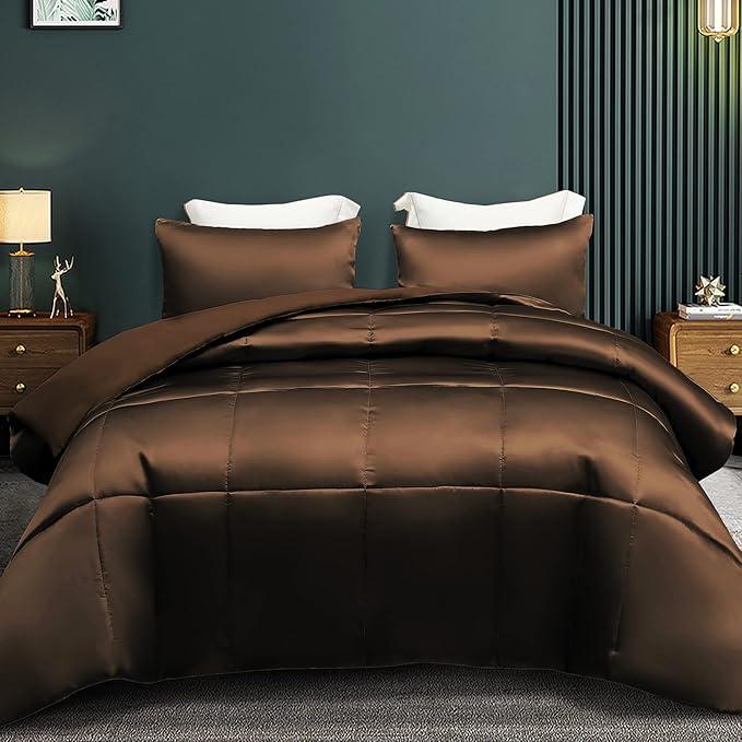 Whale Flotilla 3-Piece Reversible Silky Soft King Size Comforter Bedding Set, Luxurious Satin Comforters Oversized with 2 Satin Pillowcases, Lightweight Duvet for All Seasons, Brown