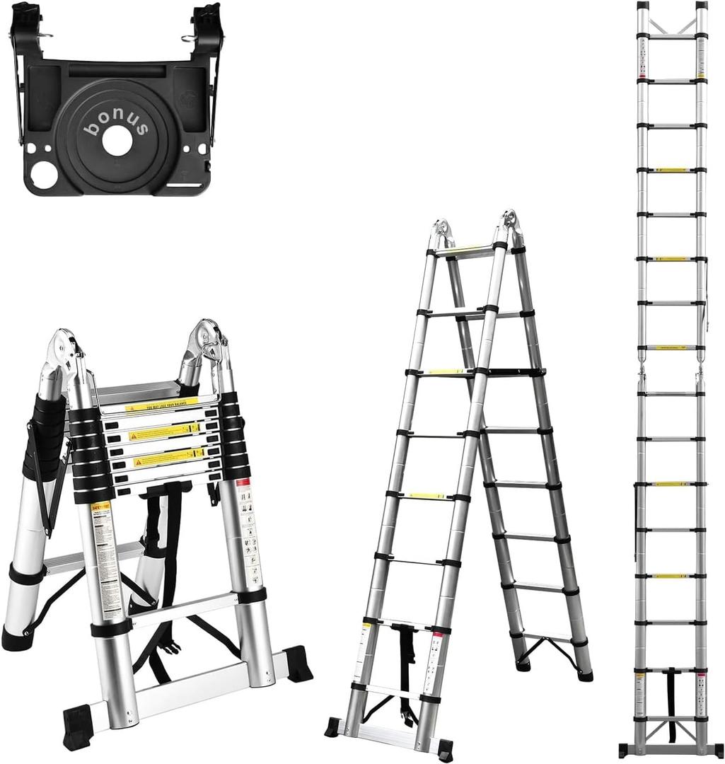 Telescoping Ladder A Frame Soctone 16.5FT Aluminum Telescopic Ladder 330lbs Capacity Compact Ladder RV Extension Ladder for Household Outdoor