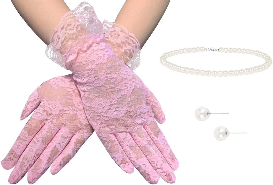 Cizoe Vintage Short Lace Gloves for Women Derby Tea Party Wrist Length Floral Gloves for Wedding Costume Gloves (G001-pink)