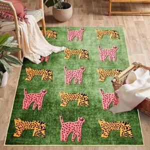 Leopard Washable Rugs, Tribal Oriental Cute Aesthetic Indoor Living Room Carpet, Green Cheetah Tropical Animals Boho Vintage Distressed Hippie 6x9 Area Rugs for Dining Room Bedroom Nursery Entryway