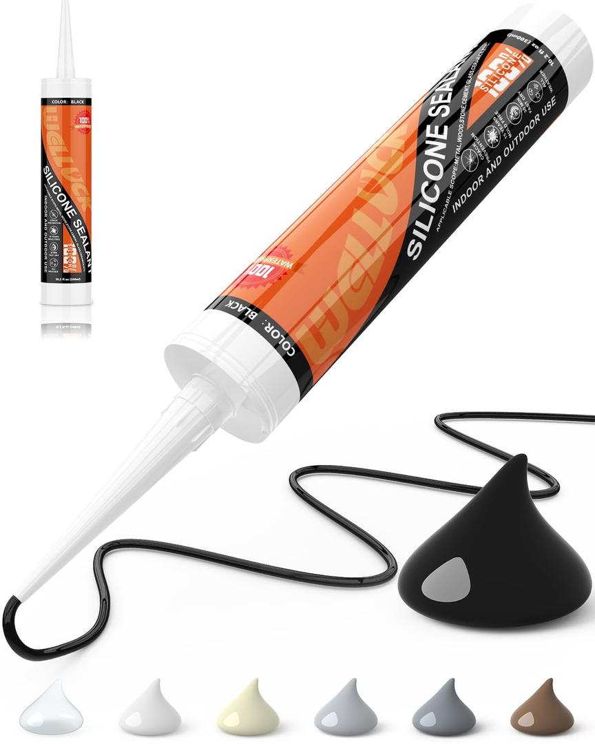 WELLUCK Black Silicone Caulk, 100% Waterproof Silicone Sealant Adhesive Caulking,for RV, Kitchen,Bathroom, Window, Door, Glass, Auto Leak Sealing 10.2FL.OZ/300ML1 Pack