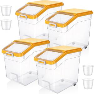 4 Pcs Rice Storage Container 38 lb Flour Container with Wheels Measuring Cup Clear Pet Food Bin Dog Bird Cat Food Bin Grain Cereal Organizer Box for Dry Baking Supplies(Yellow Lid)