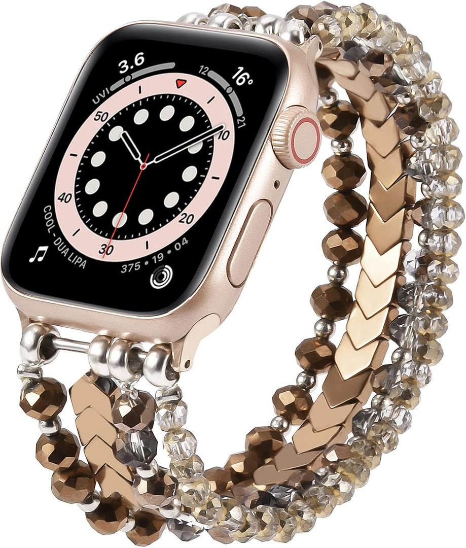 MOFREE Beaded Bracelet Compatible with Apple Watch Band 38mm/40mm/41mm/42mm, Fashion Elastic Stretch Women Bands for iWatch Series 11/10/9/8/7/SE/6/5/4/3/2/1 iPhone Watch Strap Bands Coffee