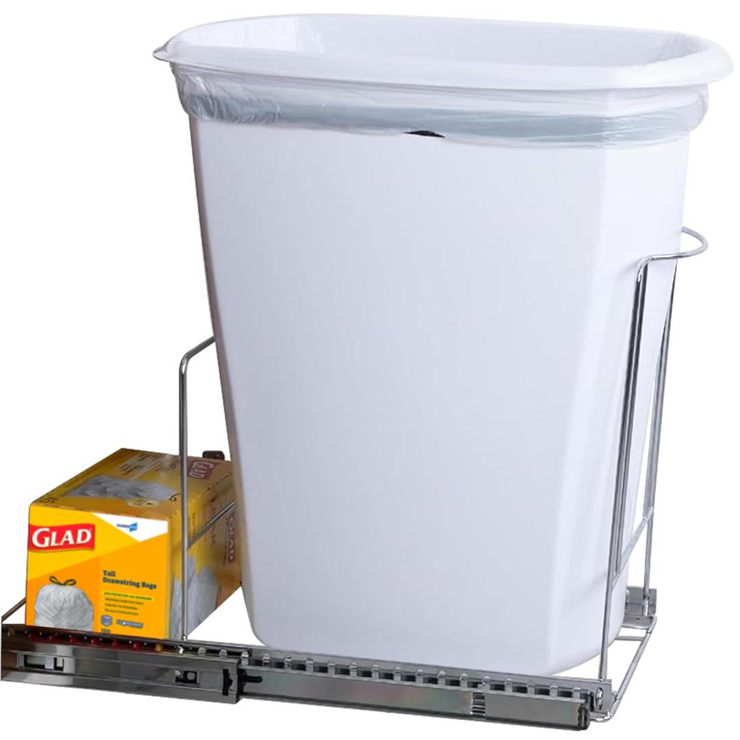 Pull-Out Trash Can for Cabinet - 12 Gal / 48 qt – Heavy-Duty Chrome, Smooth Slide with Trash Bag Storage – Fits 13" Cabinet Opening (Bin Not Included)