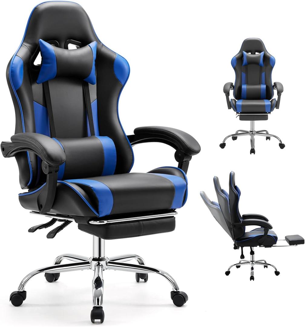DUMOS Ergonomic Gaming Office Desk Chair with Linkage Armrests for Adults, Height Adjustable Computer Chair with Footrest and Headrest, PU Leather 360 Swivel Recliner with Lumbar Support, Deep Blue