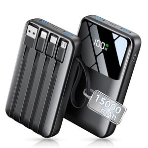 Power Bank, 15000mAh Portable Charger with Built in Cable, 22.5W Fast Charging, 6 Outputs, Slim Travel Essential Battery Pack with LED Display, Compatible with iPhone 17/16/15/14/13, iPad Black