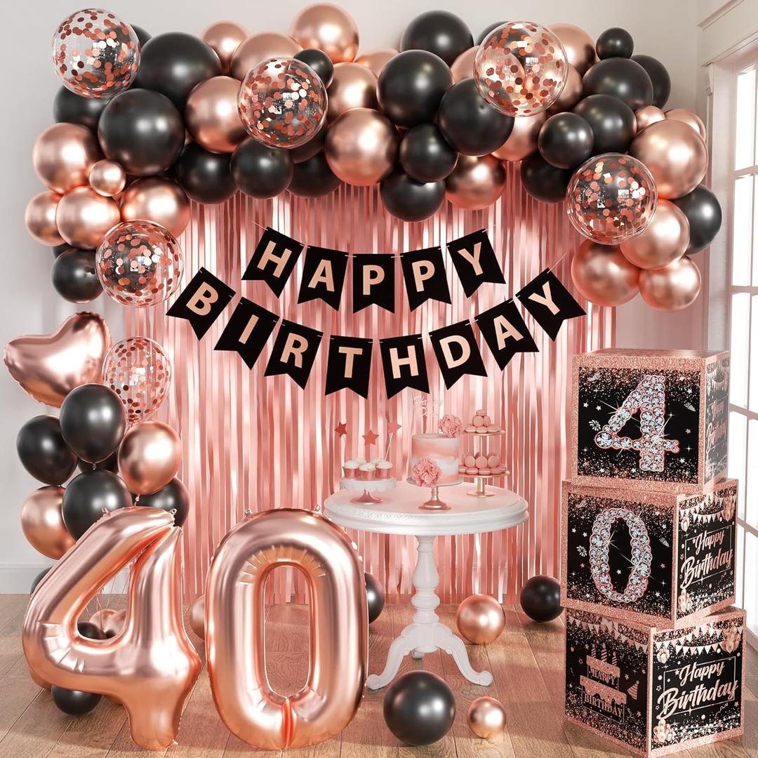 Rose Gold 40th Birthday Decorations for Women - Fabulous 40 Birthday Party Supplies Include 3pcs Balloon Boxes, Number 40 Foil Balloons, Fringe Curtains, Black Pink Garland Arch Kit - Photo Backdrop