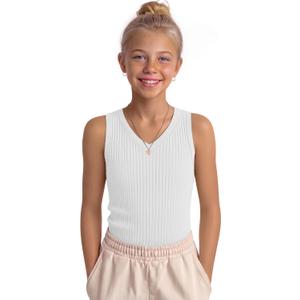 Girls' Tank Tops Sleeveless Shirts | Ribbed Knit, V Neck, Slim Fit, Summer, Casual, Basic Undershirts, Cute, for Kids 5-14Y, Teen, Solid Color, Back to School