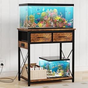 TFK 20-29-37 Gallon Fish Tank Stand with Power Outlet, Heavy Duty Metal Aquarium Stand with Two Storage Drawers for Fish Tank Accessories Storage, Perfect for Turtle Tank, Reptile Terrarium, Brown