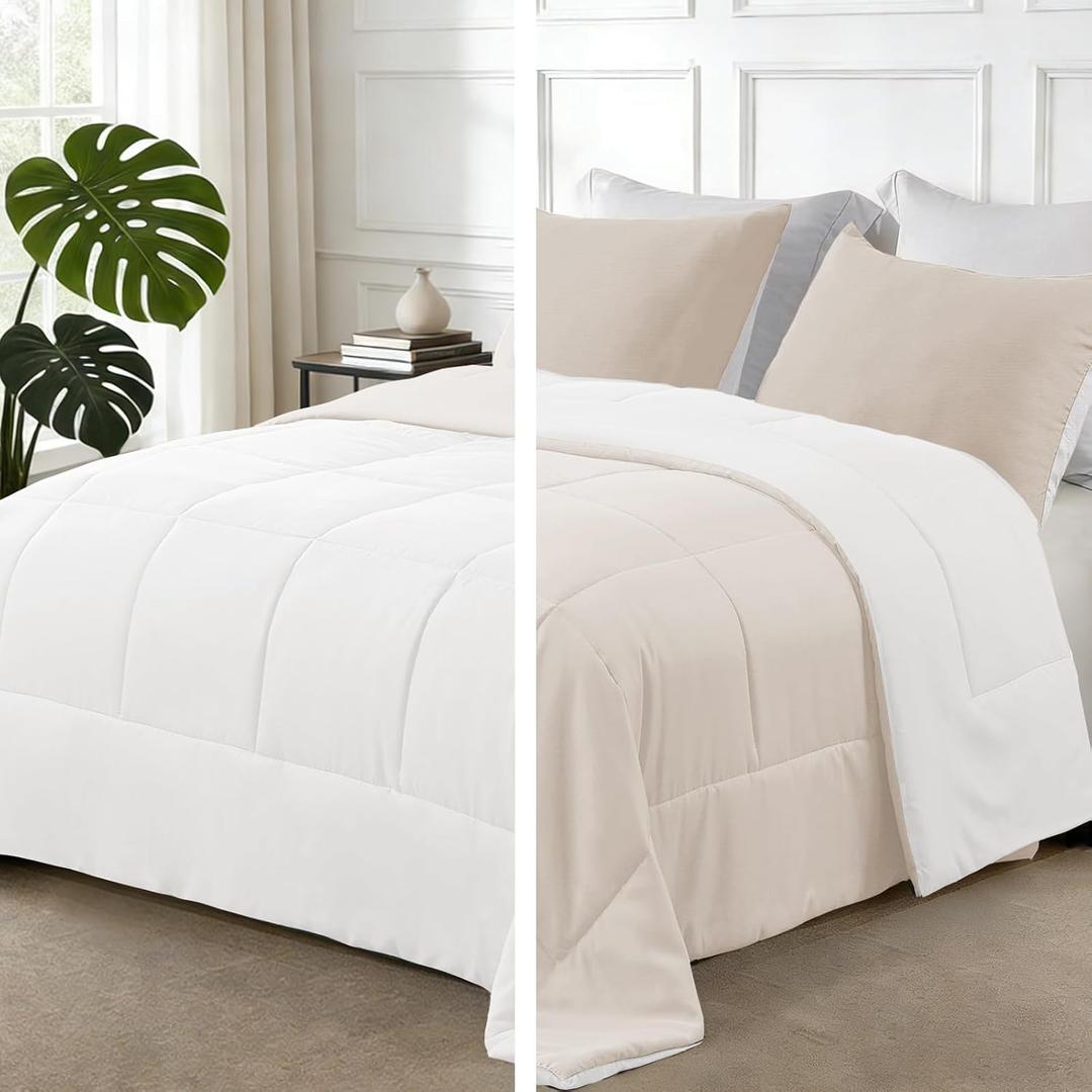 Exclusivo Mezcla Lightweight Reversible Queen Size Comforter Set, Down Alternative Comforter with 2 Pillow Sham, Queen Size Bedding Set for All Seasons, Brich Beige/White