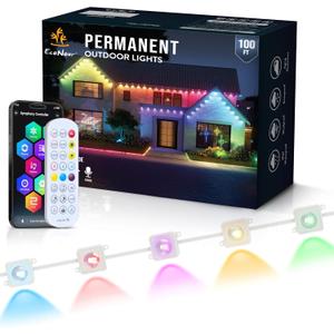 EcoNour 100 FT Smart RGB Permanent Outdoor Lights | Music Sync, Waterproof LED Eaves Lights with Extension Connector & Remote Control | Colorful RGB LED Christmas Light with Festive Lighting Effects