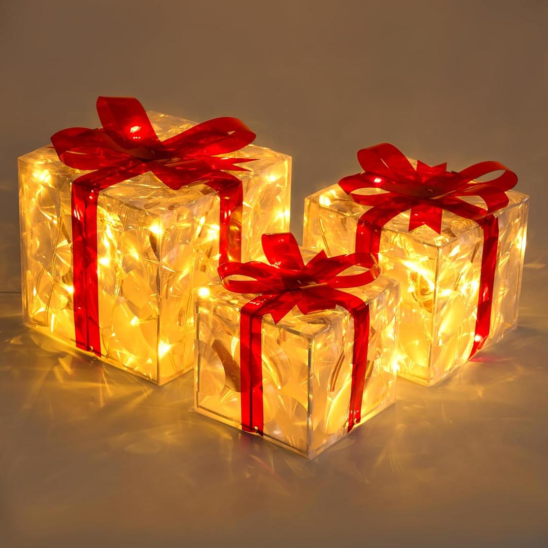 JOIEDOMI Christmas Lighted Gift Boxes, Light Up Christmas Decorations Set of 3 Transparent Present Boxes, Xmas Boxe Light with LED Warm White for Indoor Porch Patio Holiday Xmas Eve Night Dcor