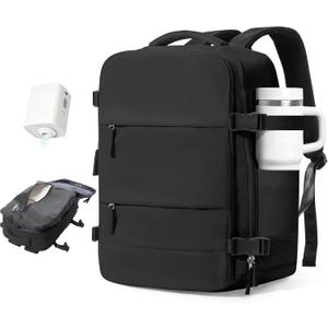 Vacuum Travel Backpack with Pump Women,Personal Item Carry on Backpacks Flight Approved 18x14x8 inches Men,Laptop Waterproof Work Compression bags Casual Daypack Mochila de Viaje Compresion al Black (Medium)