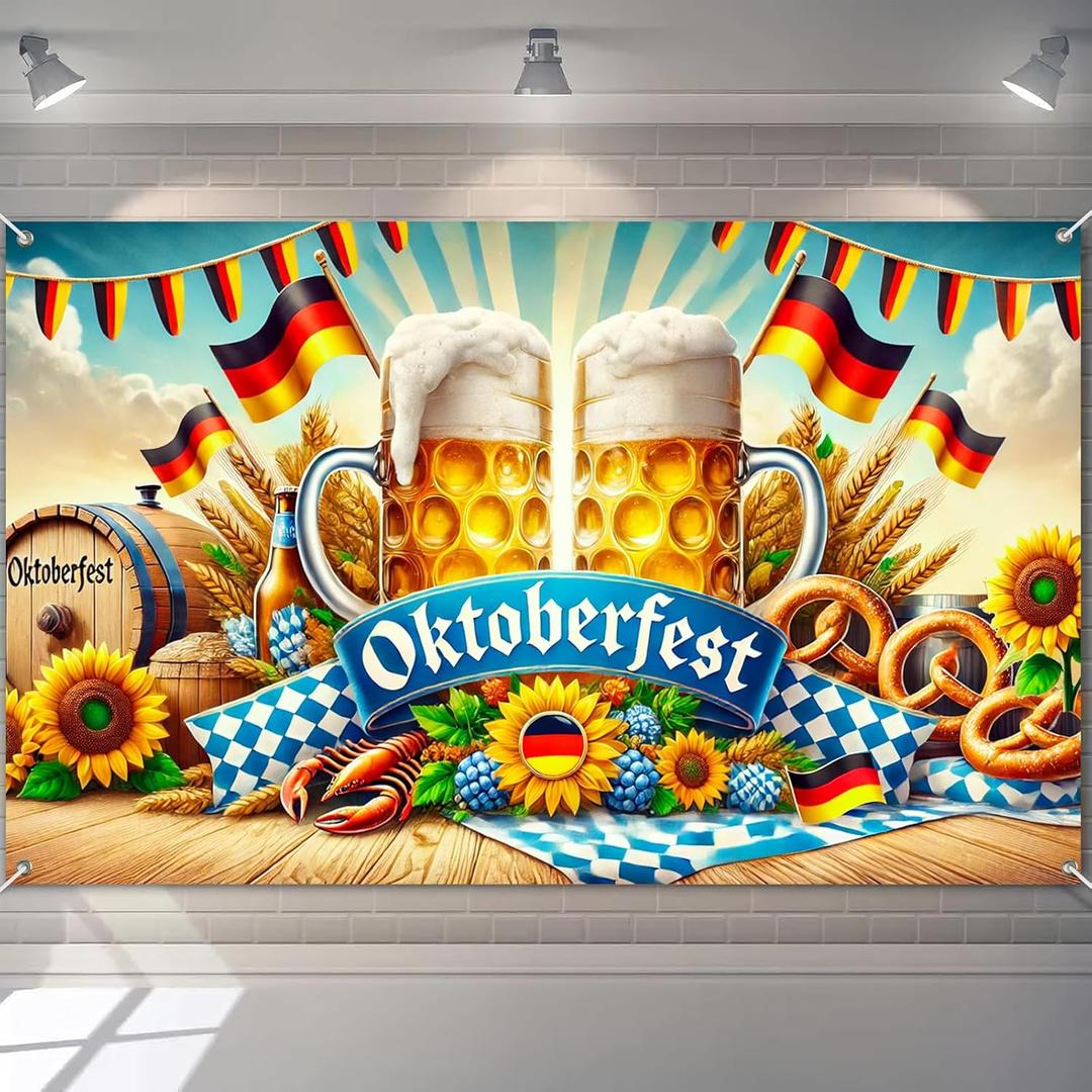Oktoberfest Banner Polyester 71x43 Inch Beer Festival Decoration with German Flags, Pretzels, Beer Mugs, Sunflowers & Oktoberfest Backdrop