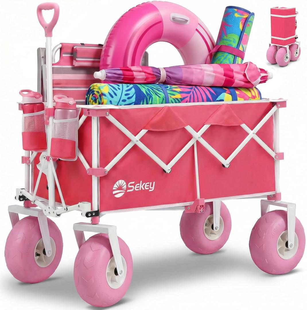 Sekey Heavy Duty Beach Wagon with 9" Big Sand-Proof Wheels – 600lb Capacity, 200L Oversized Foldable Cart | Adjustable Handle & All-Terrain Tires for Sand, Camping, Groceries