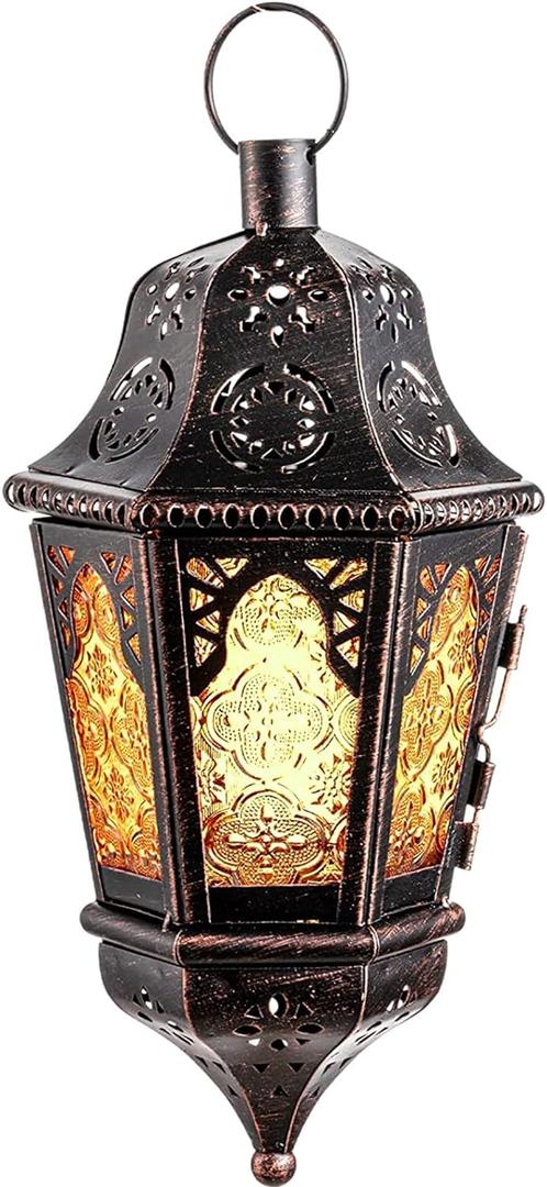 NEEDOMO Hanging Moroccan Lantern, 13.5'' Vintage Metal Candle Holder with 14.8" Chain, Ramadan Lanterns Decorative Indoor Outdoor for Home, Table, Patio, Porch, Christmas,Halloween, Spring (Amber)