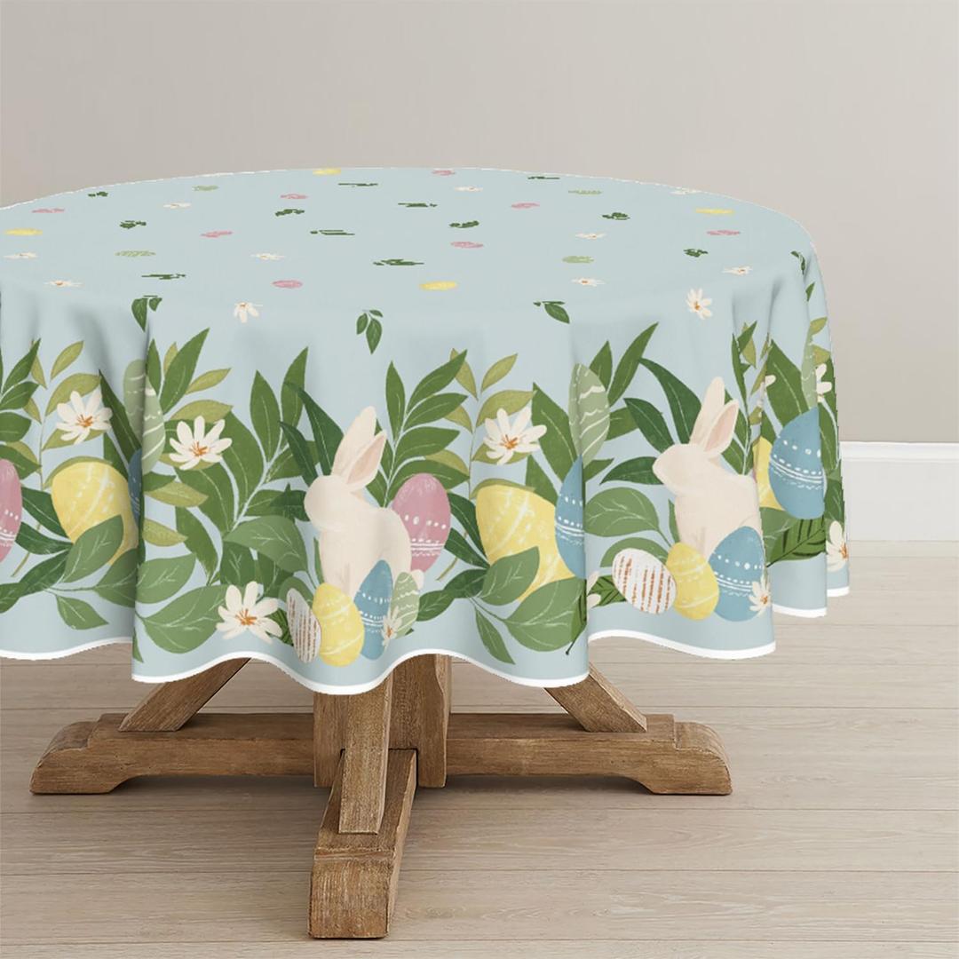 Horaldaily Easter Tablecloth 70 x 70 Inch Round Easter Eggs Bunny Ferns