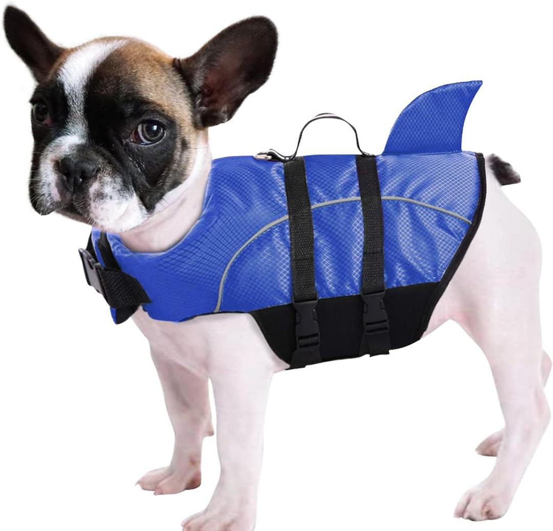 Queenmore Ripstop Dog Life Jacket Shark Life Vest for Dogs, Safety Lifesaver with High Buoyancy and Lift Handle for Small and Medium BreedsBlue Small