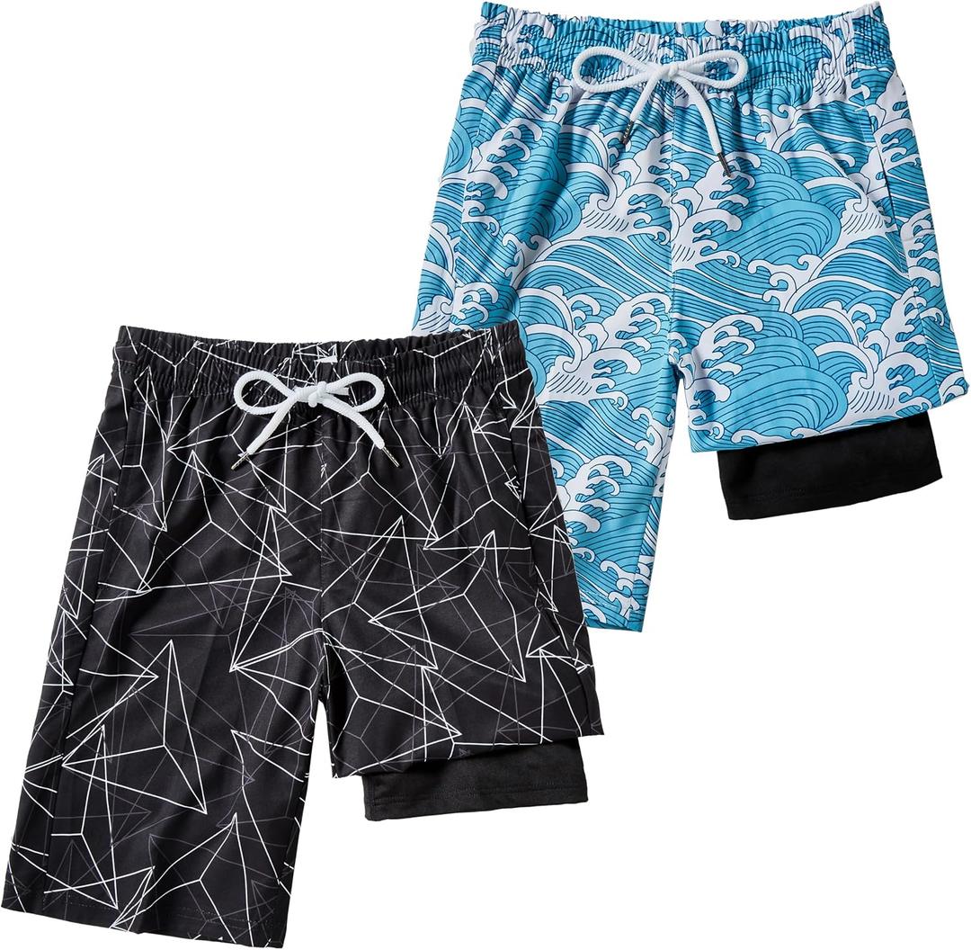 IRELIA 2 Pack Boys 2 in 1 Swim Trunks Boxer Brief Liner Compression Swimming Shorts Quick Dry Swimwear, Size 14-16