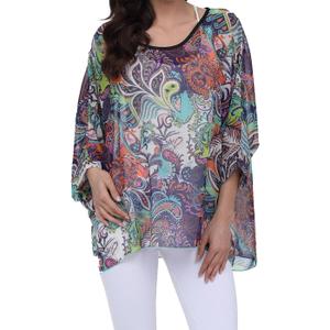 Rokou Womens Floral Chiffon Blouse Loose Batwing Bohemian Semi Sheer Tops (X-Large, Color26)