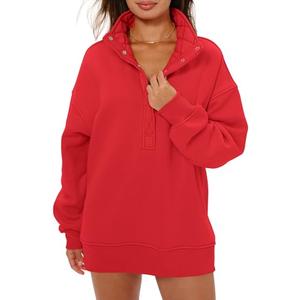 Locachy Women's Henley Neck Button Oversized Sweatshirt Casual Long Sleeve Pullover Tops 2026 Fashion Outfits Clothes Red L