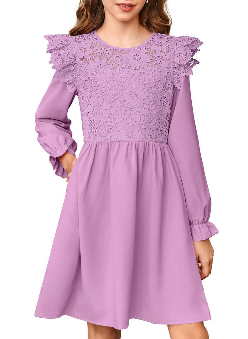 blibean Tween Girls Fall Dresses Kids Semi Formal Flower Lace Puff Long Sleeve Midi Dress Party Wedding Spring Clothes Solid Bridesmaid Flare Outfits Vestidos Nias Size 6-7 Years Old Purple (Purple, M)