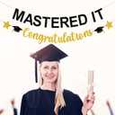 2 x Mastered It Graduation Decorations Gold and Black Glittery Congratulation Banner Congrats Grad Decor for Class of 2025 Party