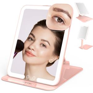 Mocado Travel Makeup Mirror with Light, Tripple Folding Vanity Mirror with Lights, 3 Colors Lighted Makeup Mirror, 1500mAh Rechargeable, Memory Function, Freely Adjust Height and Angle(Pink) (8"L x 6"W)