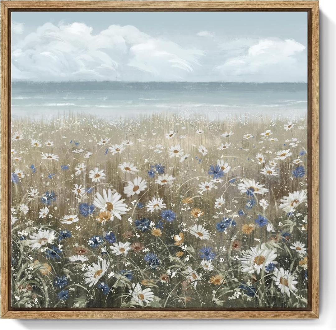 amatop Framed Wall Art Bathroom Dcor Boho Beach Coastal Vintage Floral Wall Picture Flower Daisy Flowers by Sea Canvas Print Nautical Small Artwork For Home Farmhouse Living Room Bedroom Office (13.5L" x 13.5W")