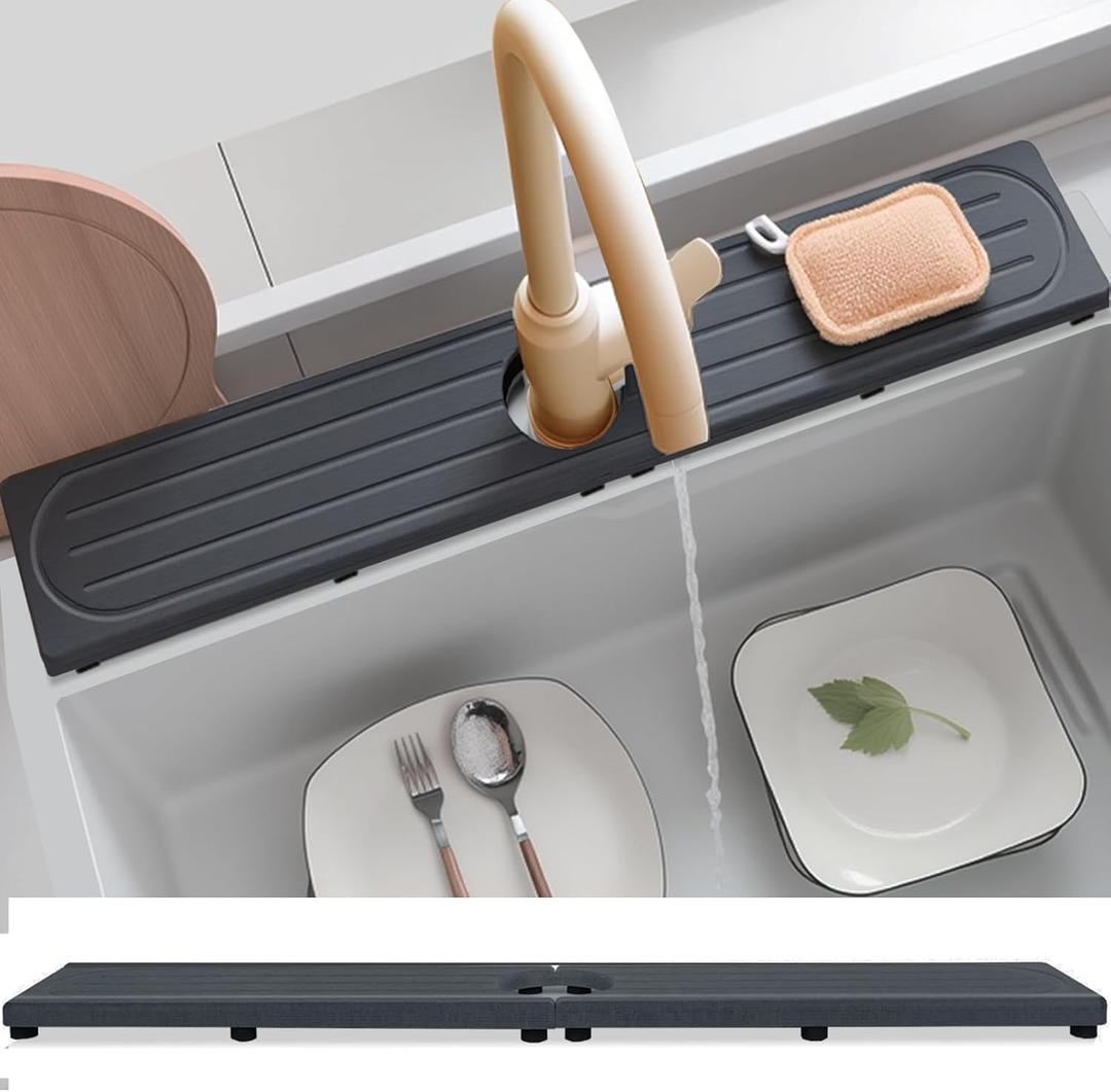 Fast Drying Stone Faucet Mat for Kitchen Sink with Raised Feet, Water Absorbent Diatomite Stone Sink Tray, Faucet Sink Splash Guard, Prevents Moisture Buildup, Durable Protector for Bathroom Counter (20" x 4", Dark Gray Style 1)