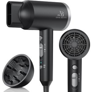 Ionic Hair Dryer with Diffuser, Powerful 1800W Blow Dryer for Women & Men, Fast-Drying Hair Dryer with Nozzle for Home, Salon, Travel (Black)