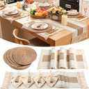 4 Sets Boho Placemats Round Woven Placemats, Cloth Napkins, Wood Bead Napkin Rings, Long Table Runner and Farmhouse Rustic Placemats Natural Burlap Cotton for Kitchen Dining Table Home