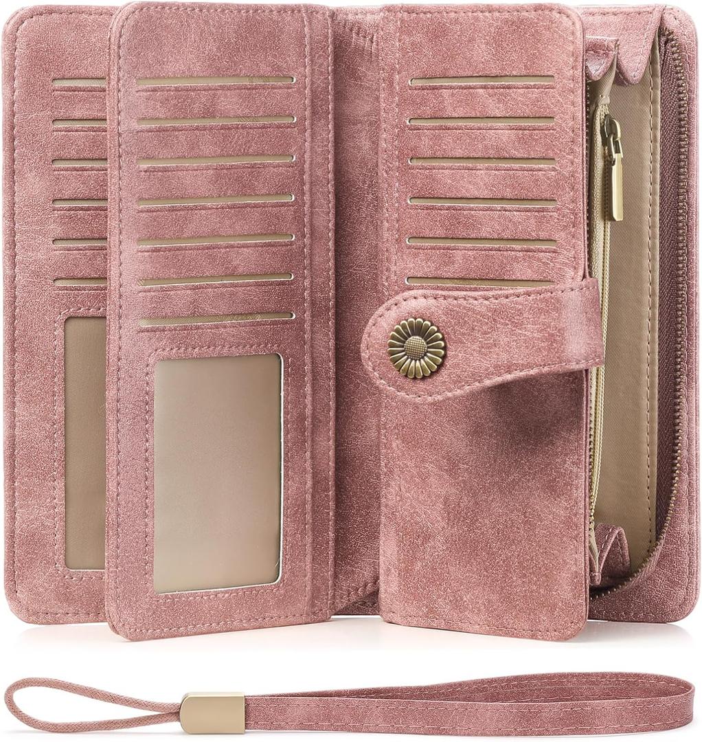 FALAN MULE Women Leather Wallet Large Capacity Bifold RFID Blocking Card Holder with Zipper Coin Pocket (BF-Rouge Pink)