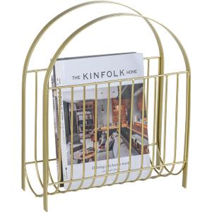 MyGift Deluxe Mid Century Brass Tone Metal Wire Magazine Holder Rack, Table or Floor Display Newspaper Stand Storage Sling for Magazines and Vinyl Record Albums